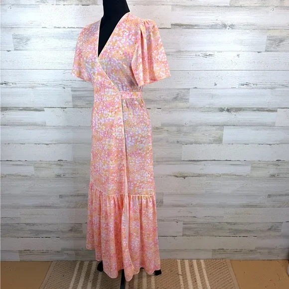 LaRoque Floral Wrap Midi Dress Pink Yellow Cottagecore Preppy Feminine Small - Picture 5 of 16